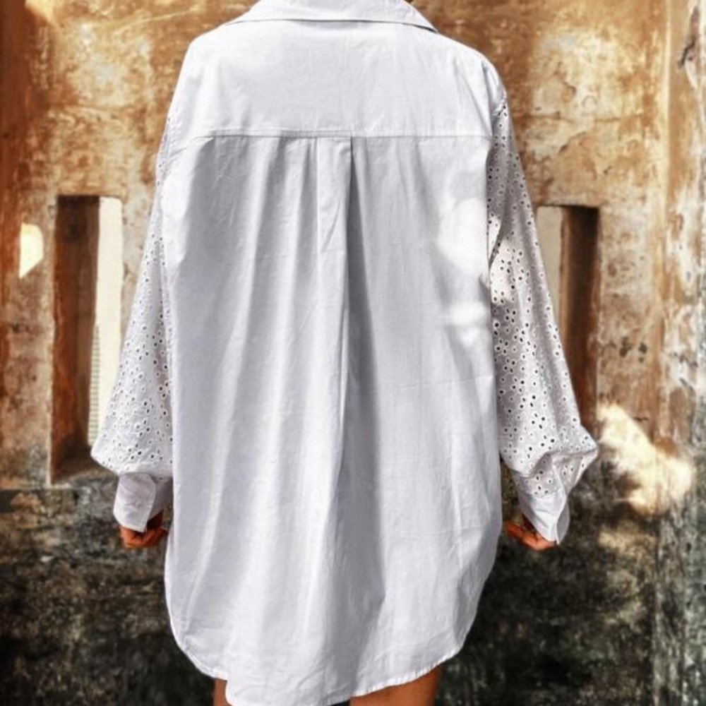 Eyelet Embroidery Drop Shoulder Patched Pocket Blouse - Picture 5 of 5